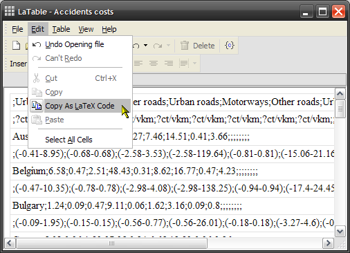 Editing options of LaTable.