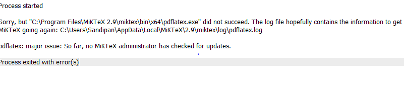 This the message being displayed when I try to run the code for the tex file