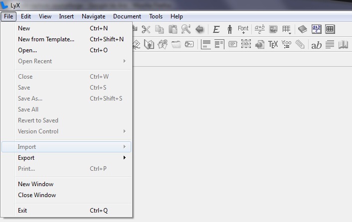 LyX »File« menu with disabled »Import«.