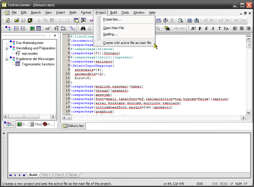 Creating a project with active file as master document.