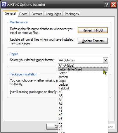 MiKTeX Options (Admin) for selection of paper size.
