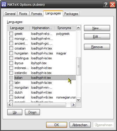 Choosing a language in the MiKTeX Settings (Admin).