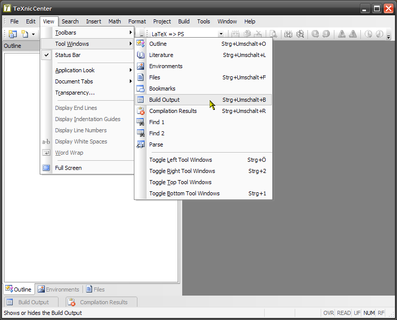 The »Tool Windows« menu of TXC2 alpha 3 (Build 1118).
