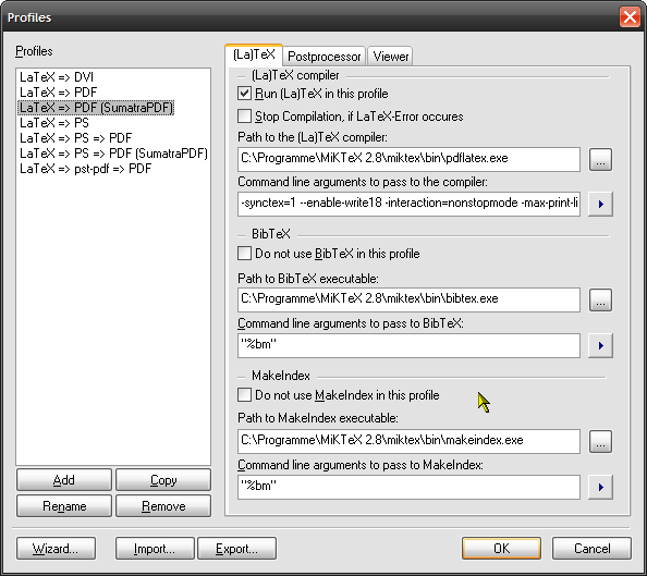The »Profiles« dialogue window of TXC1 RC1.