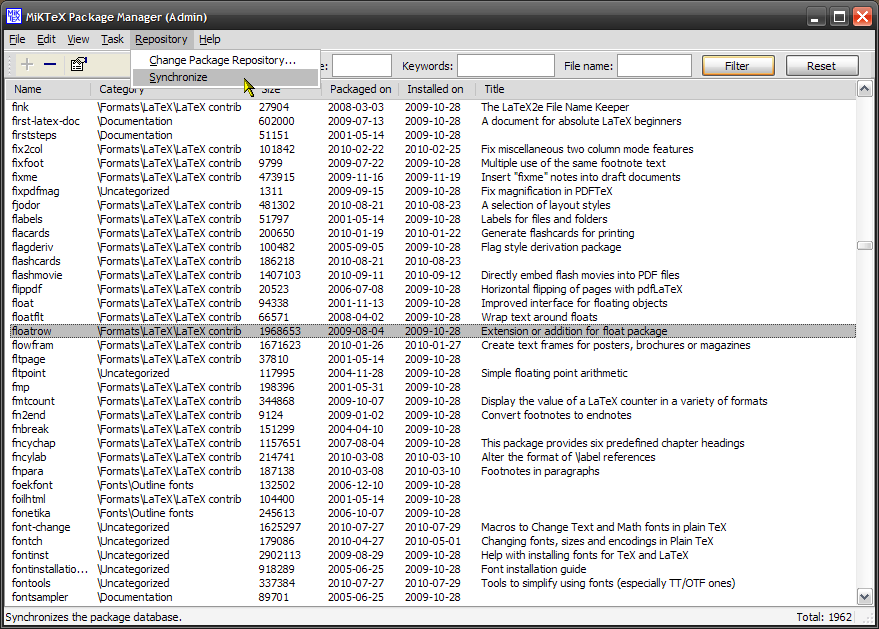The package list of the MiKTeX 2.8 Package Manager (Admin).