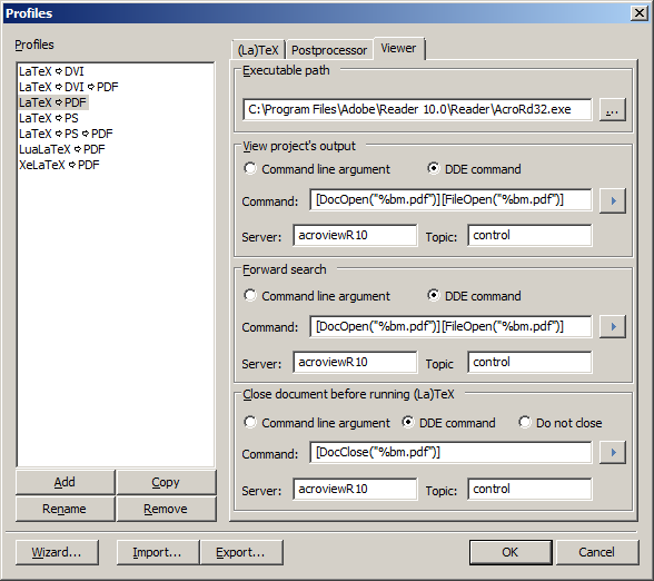 TeXnicCenter settings for Adobe Reader X.