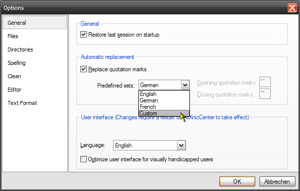 The »Options« dialogue in TXC2 alpha 3 for changing the quotation marks replacement (applies also to TXC1 RC1).