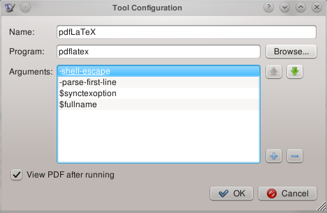 The configuration for shell escape in TeXworks. For MiKTeX insert »--enable-write18«.
