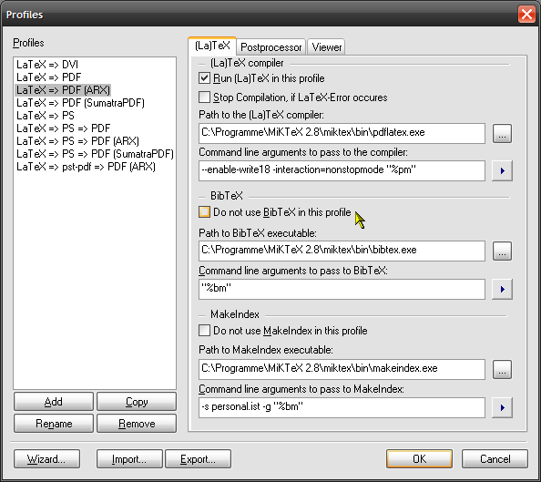 The TXC1RC1 »Profiles« dialog with setting for BibTeX and MakeIndex.