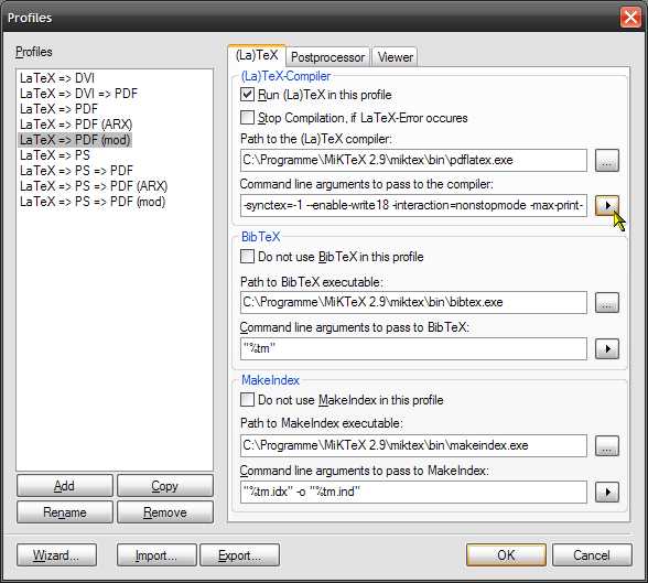 TXC2a3 Profiles dialogue window with the settings for the compiler engine.