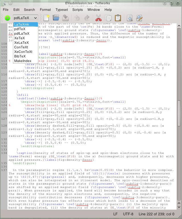 Drop down menu of TeXworks with the available typesetting engines.