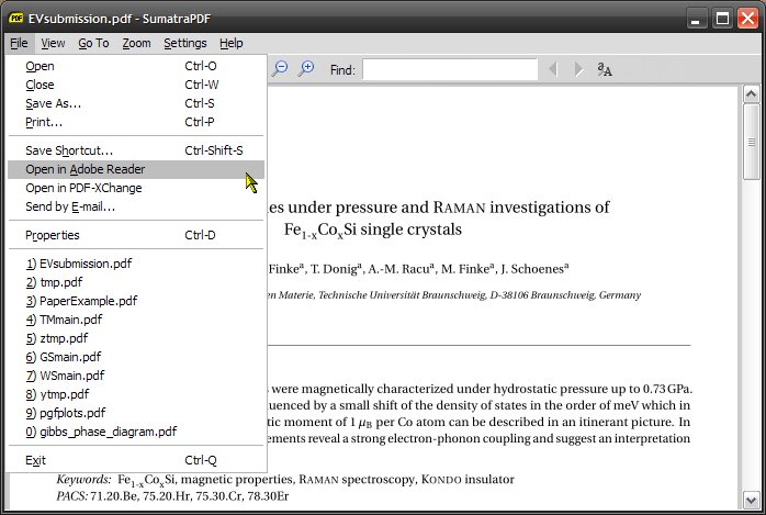 The »File« menu of SumatraPDF with Options to open the file in another viewer.