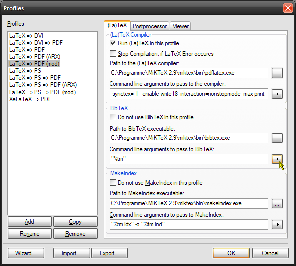 The »Profiles« dialog window in TXC with settings for BibTeX.