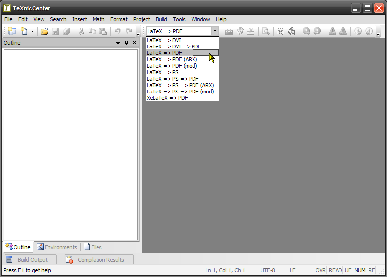 The main window of TeXnicCenter with the menu for build profiles.
