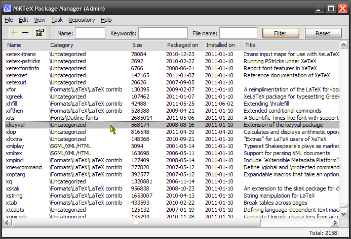 Packages in the package list of the MPM.