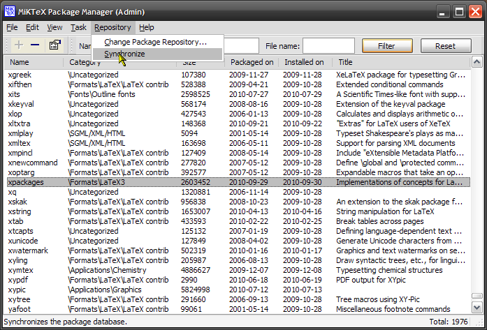 Repository synchronization in the MiKTeX Package Manager (MPM).