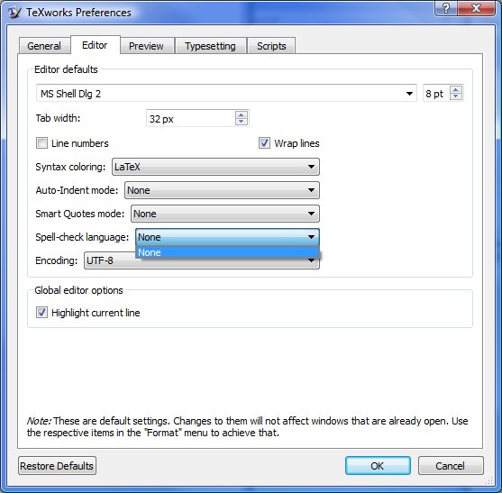 TeXWorks preference screen for dictionaries after installing dictionary files.