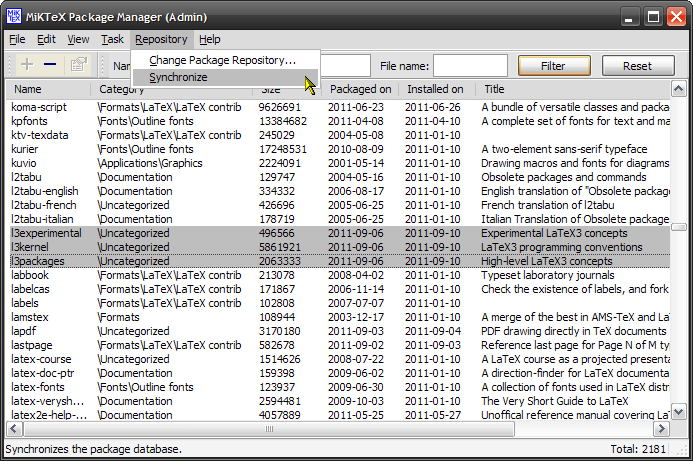 The package list of the MPM (Admin) with the LaTeX3 related packages.