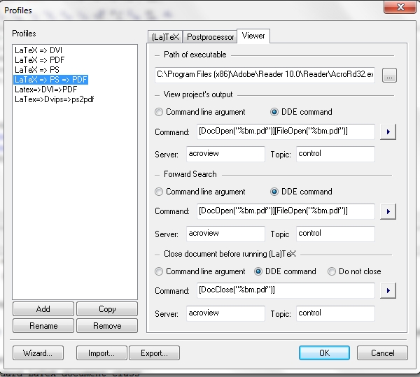 The viewer settings for the profile &quot;LaTeX =&gt; PS =&gt; PDF&quot;.