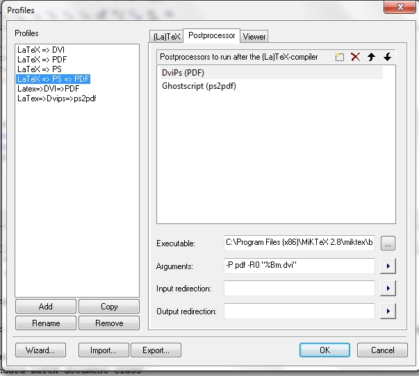 The post-processor settings for the profile &quot;LaTeX =&gt; PS =&gt; PDF&quot;.