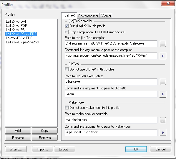 The compiler settings for the profile &quot;LaTeX =&gt; PS =&gt; PDF&quot;.