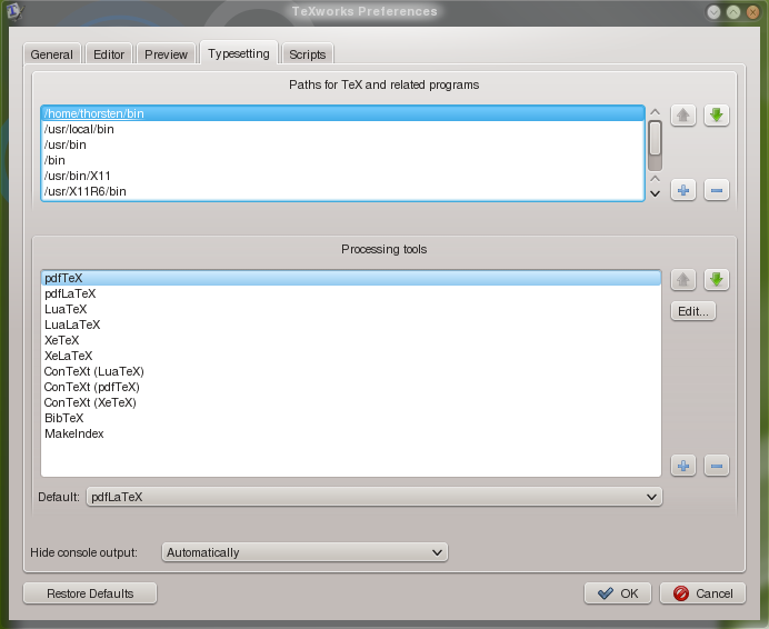 The Preferences dialog window of TeXworks with the &quot;Typesetting&quot; tab.