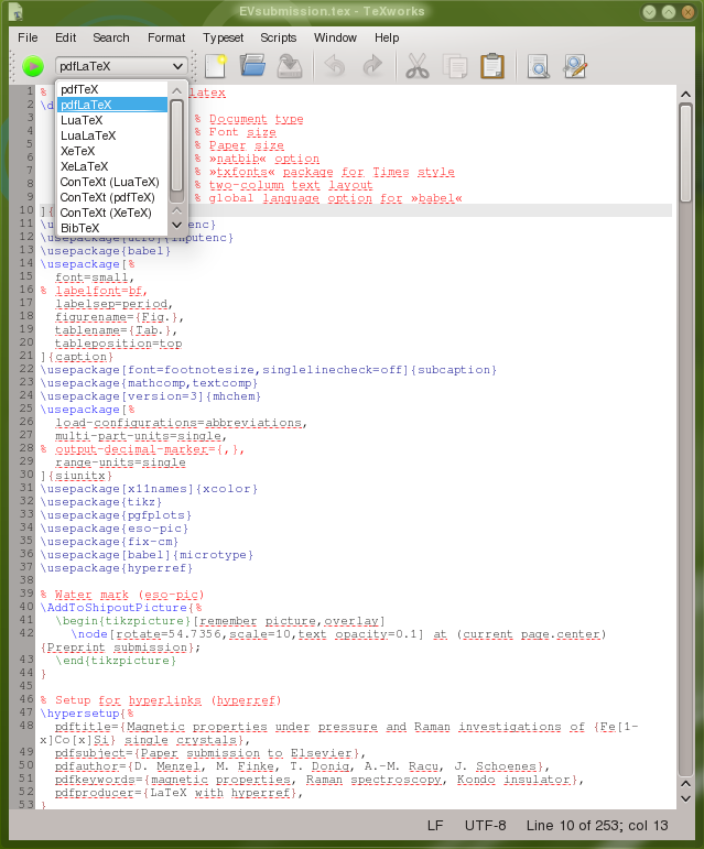 The main window of TeXworks with the pull down menu for the typesetting tools.