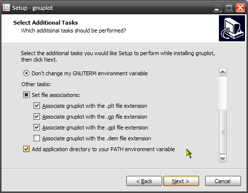 The Gnuplot 4.6 Installer with the checked box for the PATH environment variable.