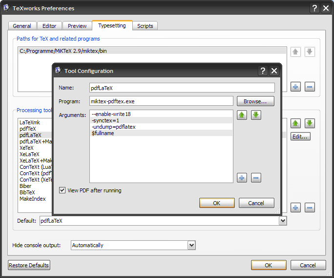 The compiler settings in TeXworks for MiKTeX