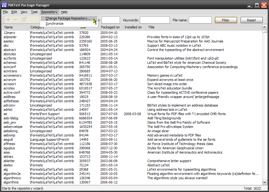 View of the MiKTeX Package Manager.