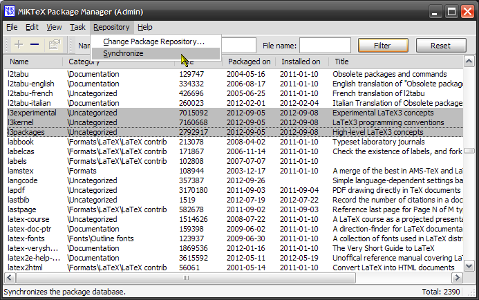 The MiKTeX Package Manager (Admin) with the list of available packages.