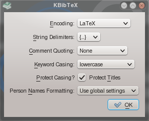 The settings in KBibTeX 0.4 when saving a bibliography database.