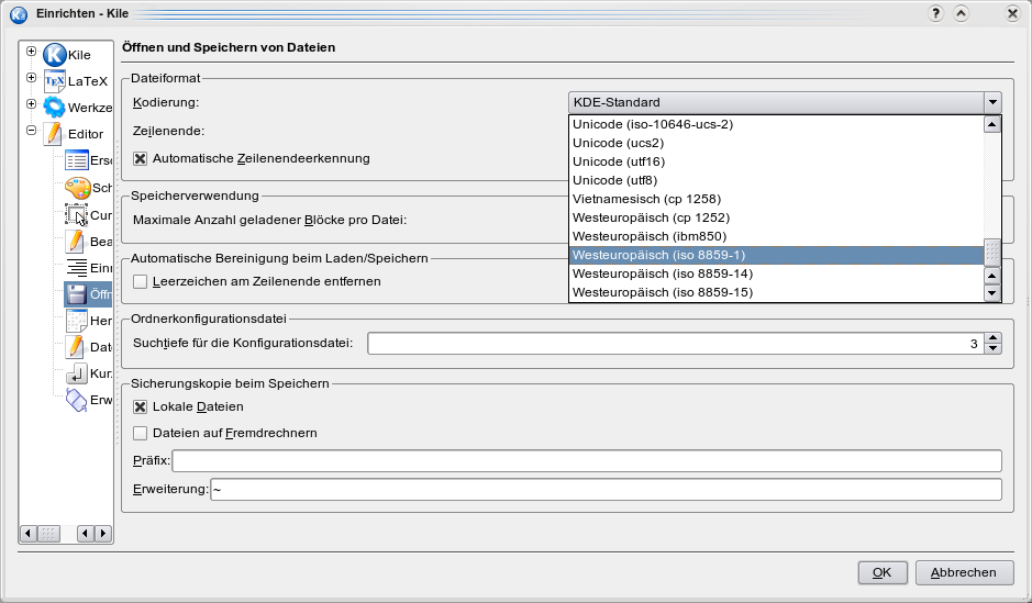 German setup dialogue in Kile to change encoding.