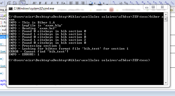reaction of the computer when I write &quot;biber exem&quot; in the console