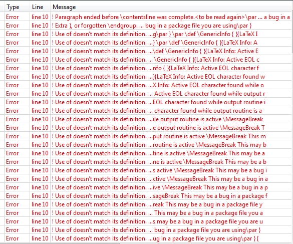 Snapshot of the error window